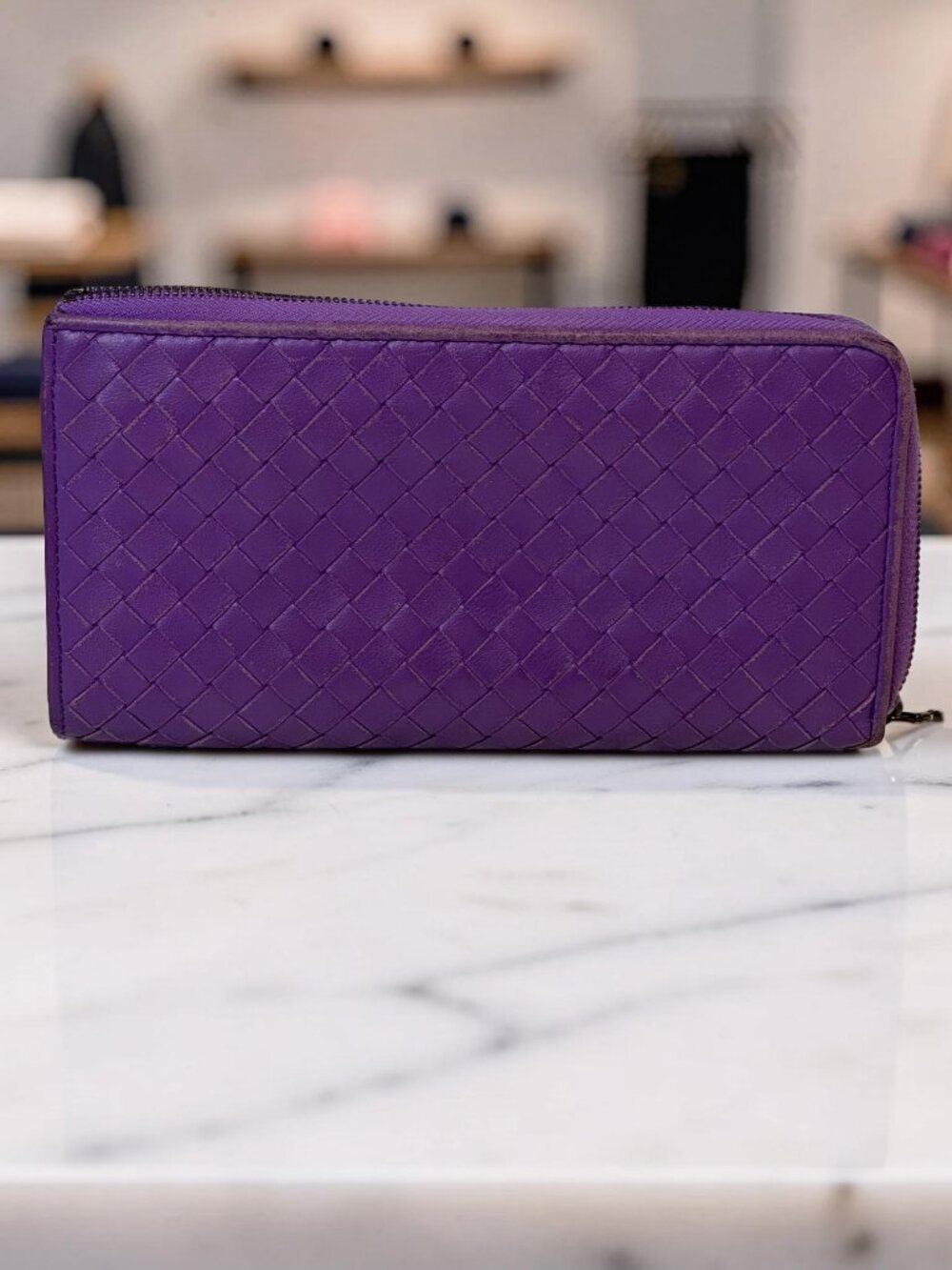 Bottega Veneta Intrecciato Zip Around Continental Wallet Purple Woven Leather